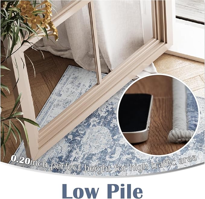 jinchan Hallway Runner Rug 3x8 Washable Runner - Vintage Floral Non Slip Low-Pile Soft Thin Faux Wool Kitchen Rug Distressed Carpet for Farmhouse Bedroom Laundry Room(3x8ft,Dark Blue)-CubbioJoy