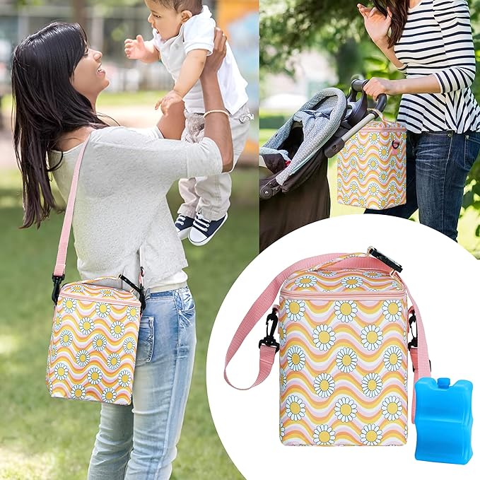 Breastmilk Cooler Bag with Ice Pack Fits 4 Baby Bottles Up to 9 Ounce Insulated Baby Bottle Bag Breast Milk Cooler on The Go with Strap Baby Bottle Cooler Bag for Nursing Mom Daycare or Travel-CubbioJoy