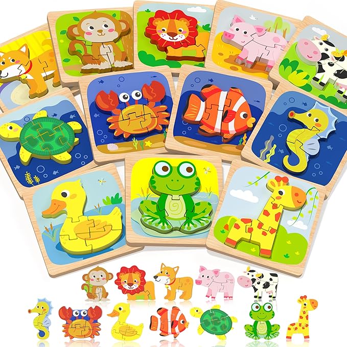Benresive Wooden Toddler Puzzles, 12pcs Animal Montessori Toys for 1-3 Year Old Boys & Girls, Learning Educational Preschool Toys, Great Gifts for 1 2 3 Year Olds-CubbioJoy