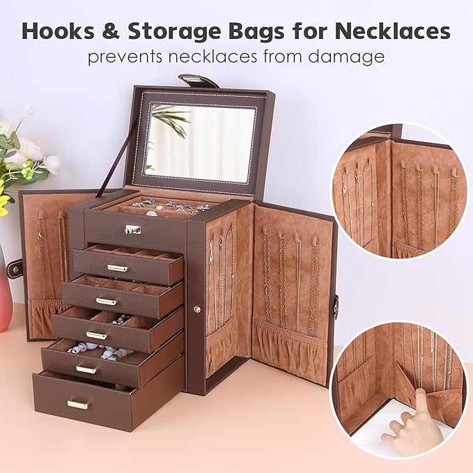 Kendal Jewelry Box, 6-Layer Jewelry Storage Organizer for Necklace Bracelet Rings Watch, 10.2"x8.2"x6" Classic Brown PU Leather 5 Drawers Large Storage Capacity with Mirror-CubbioJoy