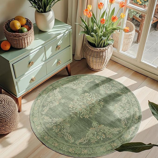 jinchan Round Rug 4ft Area Rugs Vintage Floral Distressed Design,Machine Washable Soft Non-Slip Low-Pile Ultra-Thin Circle Rug for Entryway Bedside Living Room Kitchen Nursery (4' Round,Dark Green)-CubbioJoy