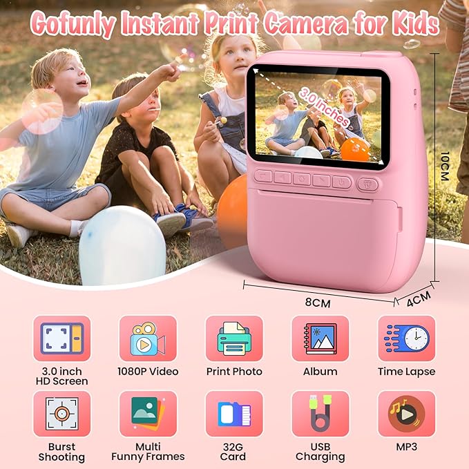 Instant Print Camera for Kids, 3.0" HD 32MP Kids Camera 1080P with 3 Rolls of Printer Paper, Birthday Gifts Toy for 3-12 Year Old Girls Boys with 32GB SD Card-Pink-CubbioJoy