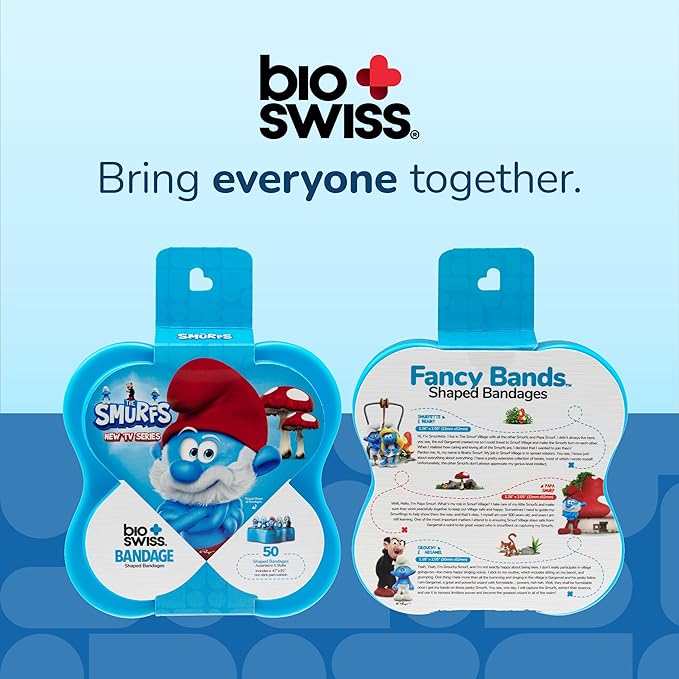 BioSwiss Bandages, The Smurfs in 3D Shaped Self Adhesive Bandage, Latex Free Sterile Wound Care, Fun First Aid Kit Supplies for Kids and Adults, 50 Count Plastic Case-CubbioJoy