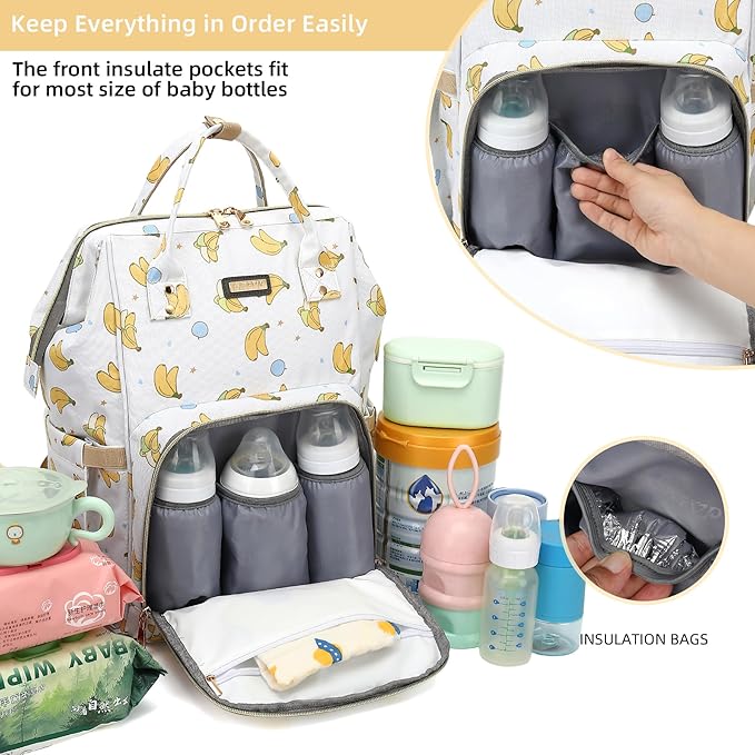 Diaper Bag Backpack, Diaper Bags for Baby Girls Boys, Baby Bags for Moms Dads, Nappy Changing Bag with Insulated Pockets,Multi-functional Waterproof Backpack with Stroller straps -Beige Banana-CubbioJoy