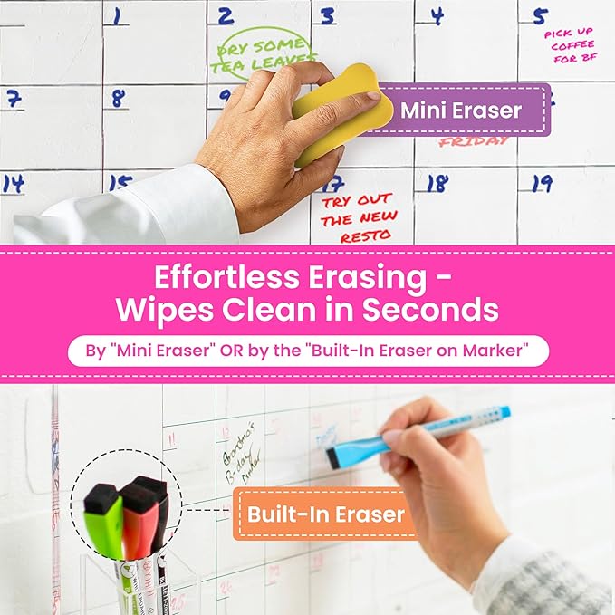 Acrylic Calendar for Wall - 24x18” Wall Calendar, Dry Erase Calender, Clear Calendar for Wall, Includes Magnetic Pen, Tray Holders, 4 Markers and 1 Eraser-CubbioJoy