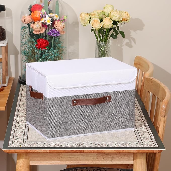 ANMINY Storage Boxes with Lids Washable Decorative Storage Bins Basket with PU Leather Handle Foldable Linen Fabric Storage Cubes Containers for Home Closet Organizer - Gray White, Large Size-CubbioJoy