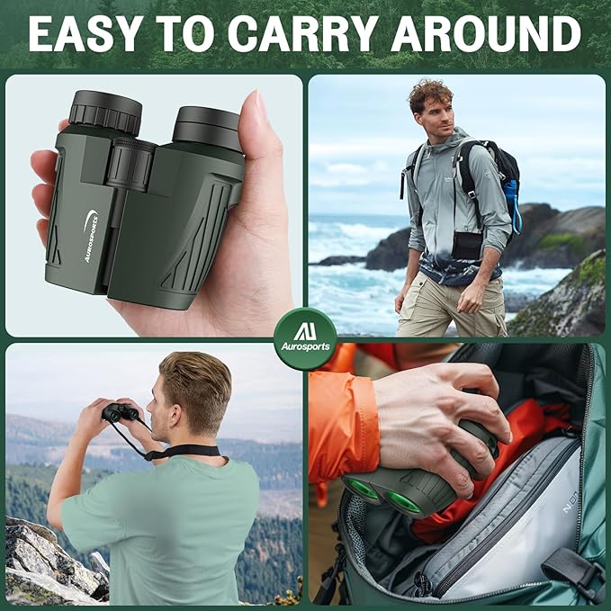Aurosports 15x25 Compact Binoculars for Adult Kids - High Power Binoculars for Bird Watching - Easy Focus Small Binocular with Low Light Vision for Travel, Camping, Concert, Hiking -Green-CubbioJoy