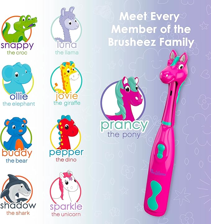 Brusheez Kids’ Electric Toothbrush Set - Safe & Effective for Ages 3+ - Parent Tested & Approved with Gentle Bristles, 2 Brush Heads, Rinse Cup, 2-Minute Timer, & Storage Base (Prancy The Pony)-CubbioJoy