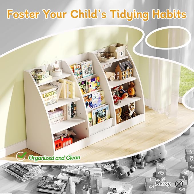 4 Tier Kids Bookshelf Set of 2, 4 Layer Sling Kids Book Shelf for Kids Rooms, XL Wood Children Bookcase,Baby Storage Book Rack,Toddler Bookshelf, Book and Toy Organizer,Book Display Shelf for Nursery-CubbioJoy