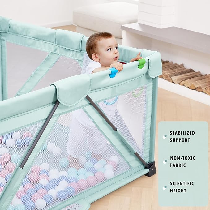 Baby Playpen Foldable, Playard for Babies and Toddlers, Portable Playpen Activity Center with 50 Balls+2 Handles for Travel, Indoor & Outdoor Play Pen with Mesh 50''x50''-CubbioJoy