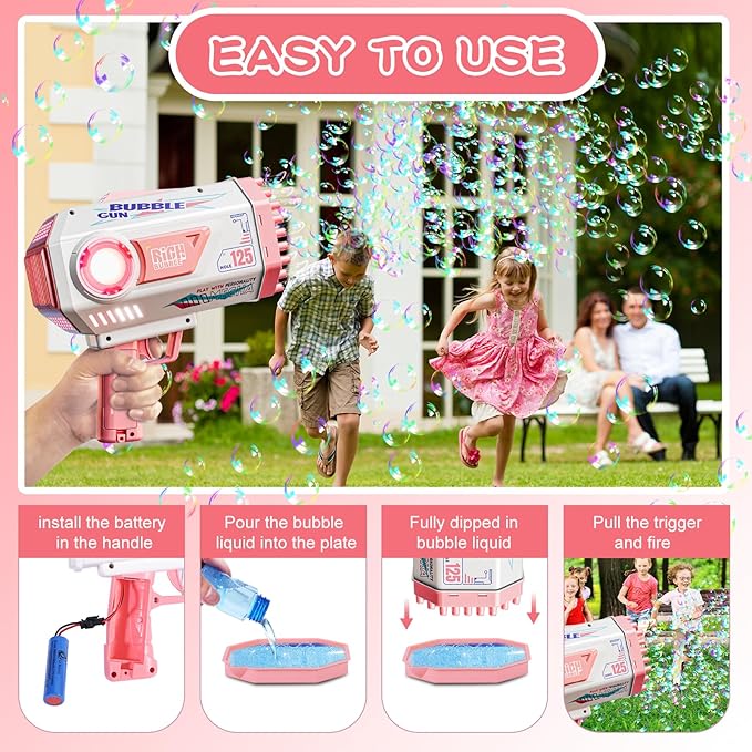 BOMOCO Bubble Gun,125 Holes Bubble Machine Bubbles for Kids Age 3-12,Bubble Blaster Gun with Bubble Solution Summer Outdoor Bubble Toys Birthday Wedding Halloween Party Favors Gifts Bubble Maker,Pink-CubbioJoy