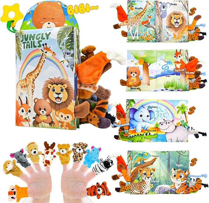 Baby Toys 0-6 Month, Crinkle Books for Babies, Jungle Tails Soft Baby Cloth Books 6 to 12 Months with 10 Pcs Jungle Animal Finger Puppets, Infant Tummy Time Sensory Toys, Newborn Gifts for Boys Girls-CubbioJoy