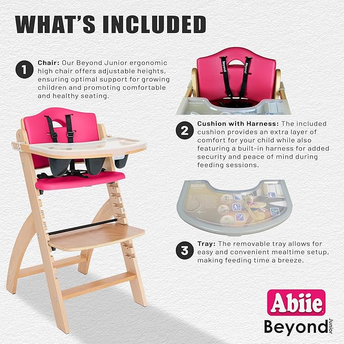 Abiie Beyond Junior Wooden High Chair with Tray - Adjustable and Convertible High Chair for Babies and Toddlers - 6 Months to 250 Lb - Water Resistant - Natural Wood/Raspberry Cushion-CubbioJoy