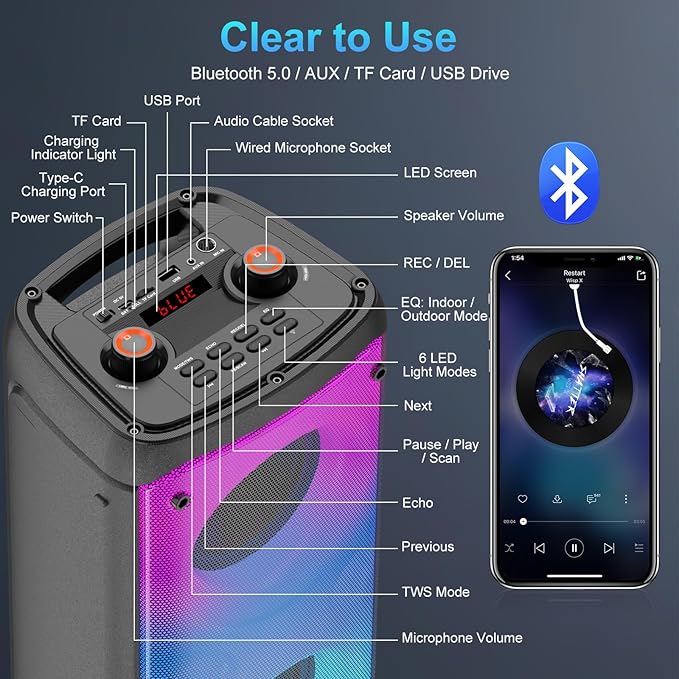 Bluetooth Speaker, 80W Peak Wireless TWS Portable Outdoor Party Speakers with Subwoofer, Deep Bass, LED Colorful Lights, Loud Stereo Sound Boombox with Radio for Home, Camping, Travel-CubbioJoy