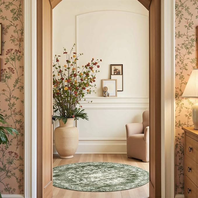 jinchan Round Rug 5ft Area Rug - Green Vintage Floor Mat Kitchen Indoor - Washable Circle 5' Thin Floral Print Carpet Retro Farmhouse Non Slip Dining Room Living Room Bedroom Office-CubbioJoy