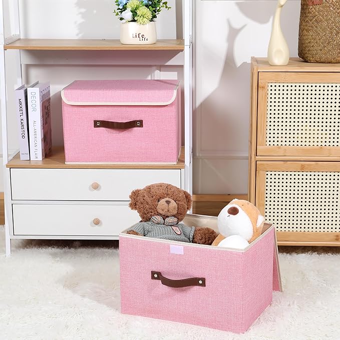 ANMINY 4PCS Storage Bins with Lid PU Leather Handles Storage Boxes PP Plastic Board Decorative Foldable Lidded Cotton Linen Fabric Home Cubes Baskets Closet Organizer Containers - Pink, Large Size-CubbioJoy