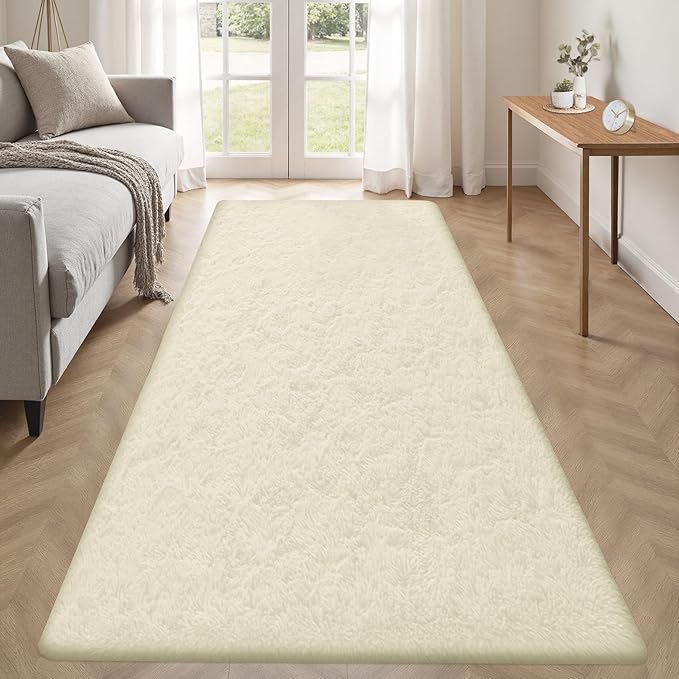 2x6 Runner Rug for Bedroom: Fluffy Shag Soft Washable Rugs Small Fuzzy Plush Indoor Carpet for Hallway Bedside Dorm Kids Girls Boys Room (Cream White, 2'x6')-CubbioJoy