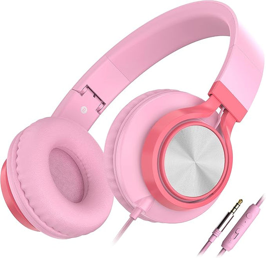 AILIHEN C8 Girls Headphones, On-Ear Headphones Wired with Microphone and Volume Control Foldable Corded Stereo 3.5mm Headset for Girls School Chromebook Laptop Computer PC Tablets Travel (Pink)-CubbioJoy