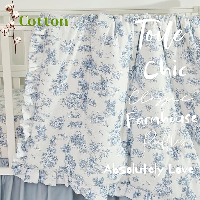 Brandream 3 Pieces French Country Toile Crib Bedding Set for Girls Vintage Blue Toile Floral Print 100% Cotton Baby Girl Nursery Bedding Collection - Ruffles Quilt,Toile Crib Sheet,Crib Bed Skirt-CubbioJoy