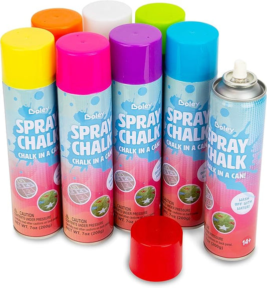 Boley Spray Chalk - 8 Pack Washable Sidewalk Chalk Spray Paint, 7 oz Each, Safe & Non-Toxic, Vibrant Colors for Outdoor Fun, Chalk for Asphalt, Grass, Snow, Sand, Concrete - Ages 14+-CubbioJoy
