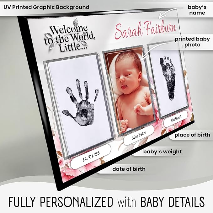Baby Hand and Footprint Kit with Photo & Birth Details, Inkless Hand and Footprint Kit, Newborn Keepsake Plaque, Baby Shower Gifts (STYLE 1 (Fully Personalized) (Welcome To The World - Baby Girl))-CubbioJoy