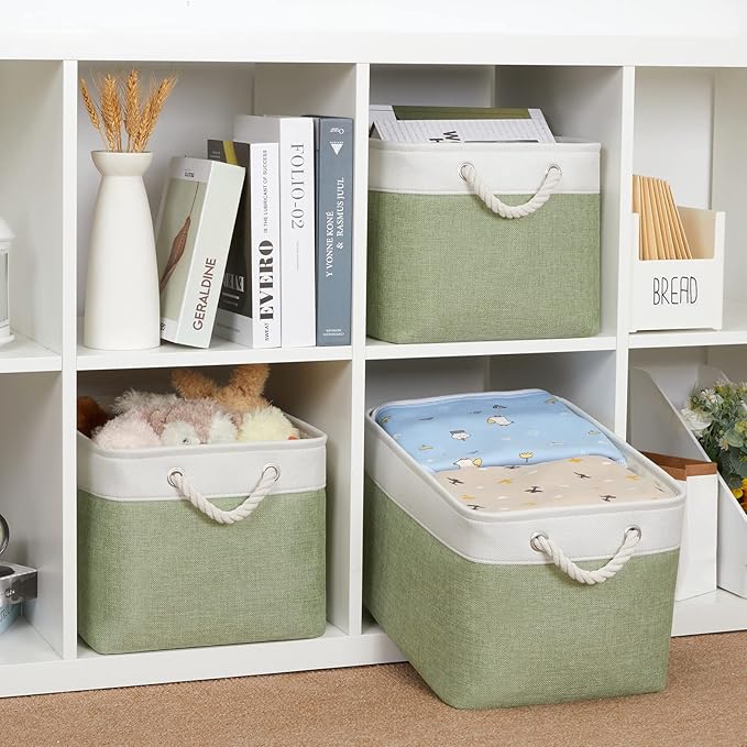 Bidtakay Large Fabric Baskets for Organizing [3-pack] Closet Organizers and Storage Baskets for Gifts Empty Foldable Nursery Baskets for Toy Storage 15 X 11 X 9.5 Inches (White&green)-CubbioJoy