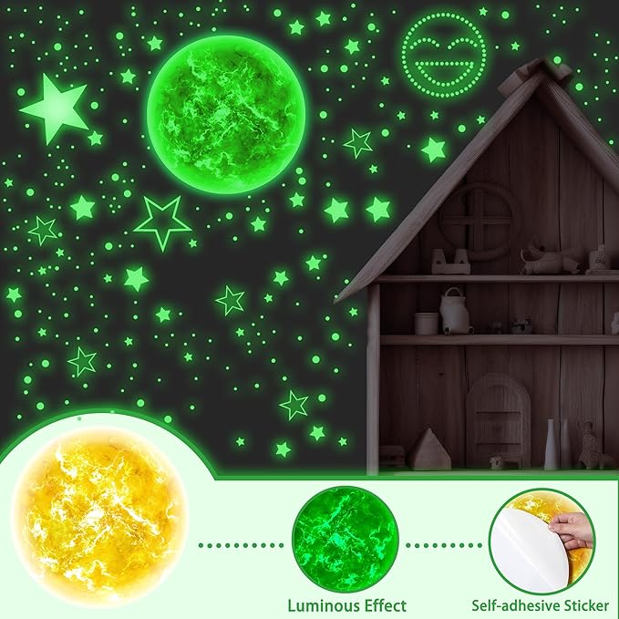 965 PCS Glow in The Dark Stars and Sun for Ceiling, Luminous Stars and Planet Wall Decals, Kids Room Decor, Glowing Galaxy Wall Stickers for Nursery Decorations (Green)-CubbioJoy