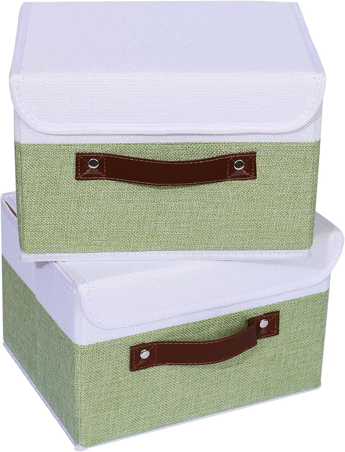 ANMINY 4PCS Storage Boxes with Lid Washable Decorative Storage Bins Basket with PU Leather Handle Foldable Linen Fabric Storage Cubes Containers for Home Closet Organizer - Green White, Small Size-CubbioJoy
