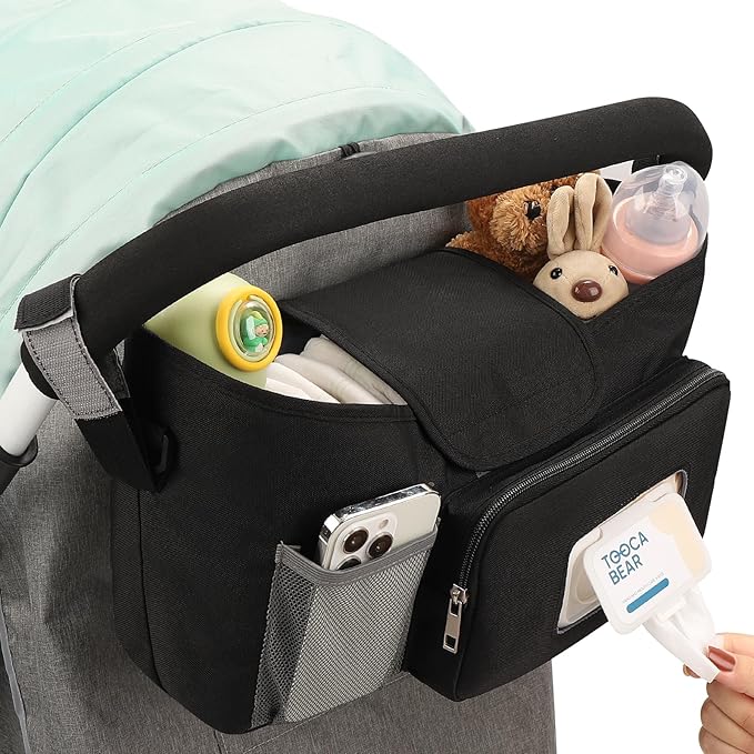 Accmor Universal Stroller Organizer with Insulated Cup Holder, Stroller Caddy Bag Accessories, Stroller Cup Holder Organizer for Uppababy Baby Jogger Britax Stroller, Black-CubbioJoy