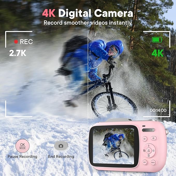Digital Camera 4K 64MP - Vlogging Camera for Kids & Beginners | 18X Zoom Point and Shoot Camera Anti Shake, Compact with Flash, Gift for Boys Girls(Pink+Silver)-CubbioJoy