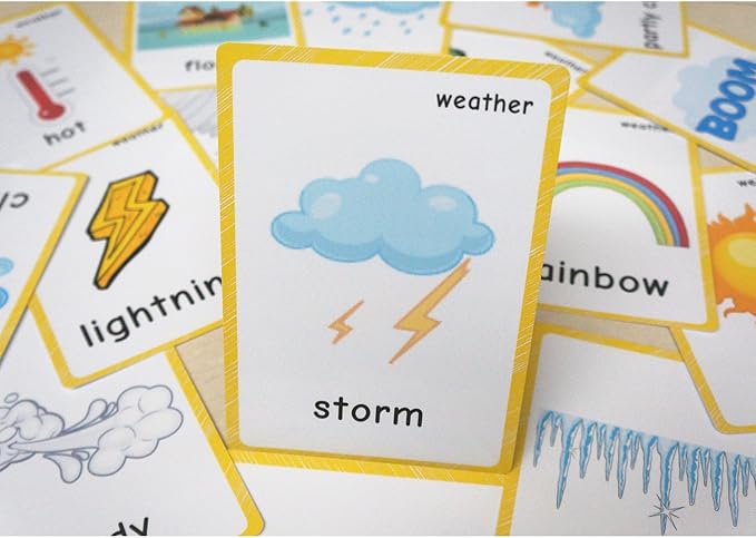 22 Weather Flash Cards(pre k flashcards) - Classroom Decorations and Early Learning Kindergarten Teacher Tools - Flash Cards Hole Punched - with 1 Ring -So You Can Sort and Organize The Cards Easily-CubbioJoy