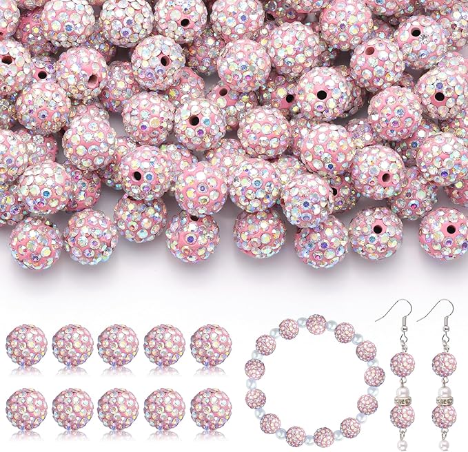 160pcs 10mm Rhinestone Beads for Jewelry Making, Pink AB Shiny Round Disco Ball Beads Bulk, Sparkle Crystal Clay Christmas for Bracelet Baseball Necklace Earring Crafting and DIY-CubbioJoy