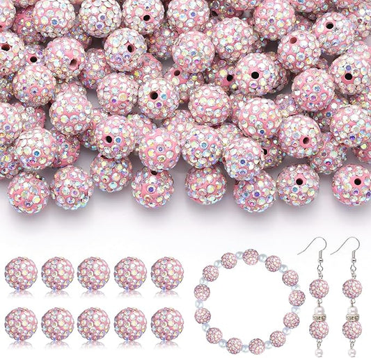 200pcs 10mm Rhinestone Beads for Jewelry Making, Pink AB Shiny Round Disco Ball Beads Bulk, Sparkle Crystal Clay Christmas for Bracelet Baseball Necklace Earring Crafting and DIY-CubbioJoy