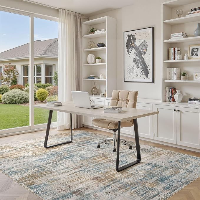 Area Rug for Living Room: 4x6 Washable Neutral Abstract Modern Soft Rugs Non Slip Indoor Floor Stain Resistant Carpet for Bedroom Dining Room Office Nursery - Blue Brown-CubbioJoy