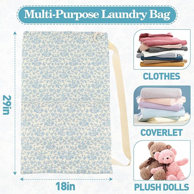 College Laundry Bag, Dirty Clothes Laundry Bag With Drawstring Handles For College Dorm Laundromat Apartment Travel Camp 29" X 18" Women Girls Back To School Birthdays Gift, Blue Florals-CubbioJoy