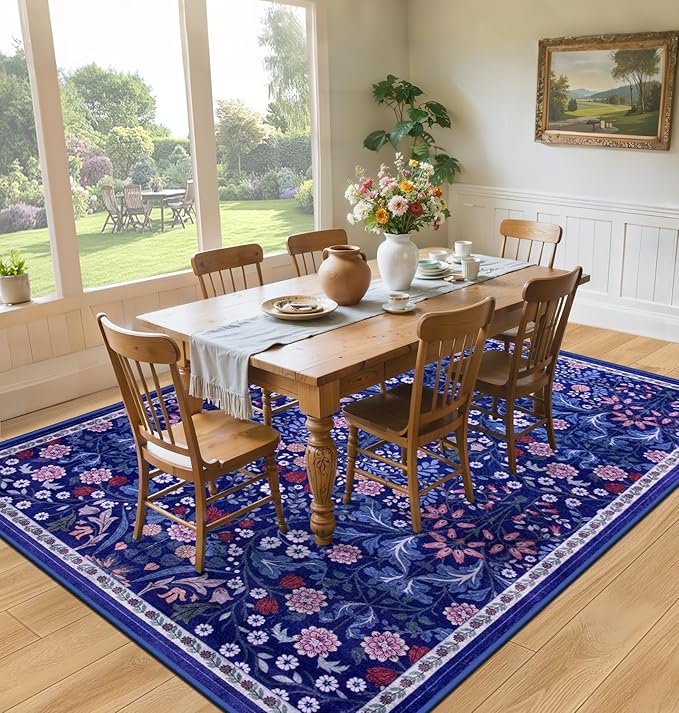 Area Rugs 9x12 Living Room: Floral Washable Rug Vintage Large Soft Boho Non-Slip Carpet Indoor Floor Stain Resistant Low Pile Carpets for Bedroom Dining Room Farmhouse Nursery Home Office Blue-CubbioJoy
