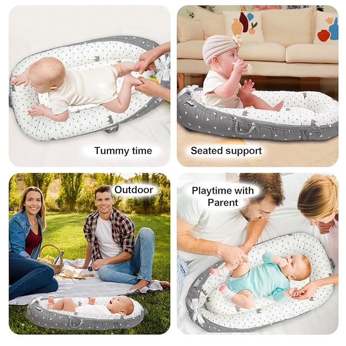 Baby Lounger | Organic Cotton Infant Lounger | Reversible, Adjustable & Portable Floor Lounger | Soft, Breathable, Washable Cover-CubbioJoy