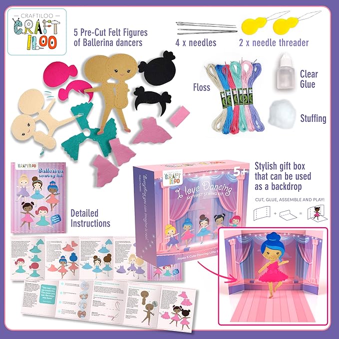 CRAFTILOO Ballerina Dancers Sewing Kit for Kids, Fun and Educational Craft Set for Boys and Girls Age 5-12, Sew Your Own Felt Ballerina Craft Kit for Beginners (Ballerina Kit)-CubbioJoy