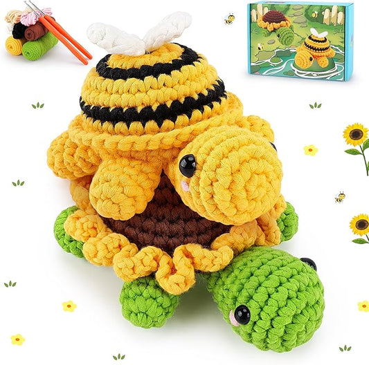 Crochet Kit for Beginners, Crochet Animal Kit with Step-by-Step Video Tutorials, 2PCS Bee and Sunflower Turtles Crocheting Kit for Adults Kids, Easy Yarn for Starter, Stuffed Animal Knitting Kit-CubbioJoy