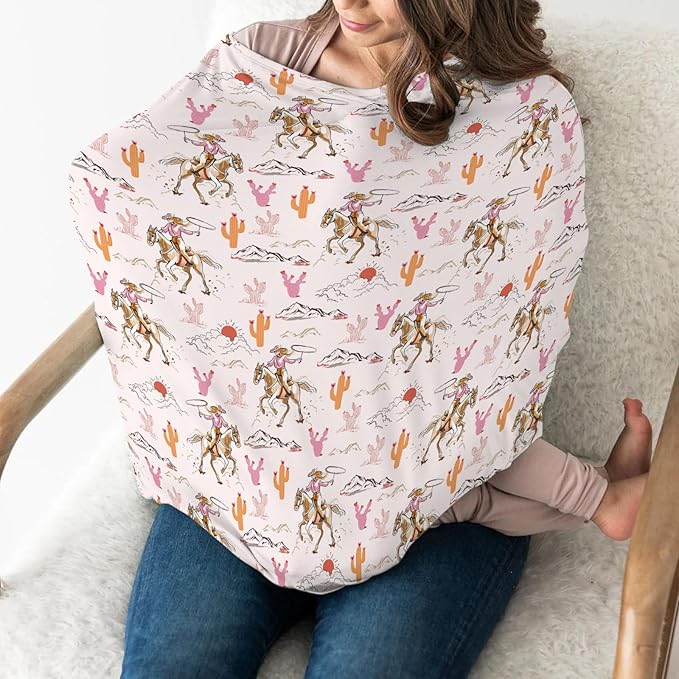 Cute Pink Cowgirl Car Seat Cover for Baby Western Cowgirls Horse Cactus Mountain Sunset Stretchy 5-in-1 Covers Adjustable Infant Carseat Canopy Cover Wild West Desert Breathable Nursing Cover-Up-CubbioJoy