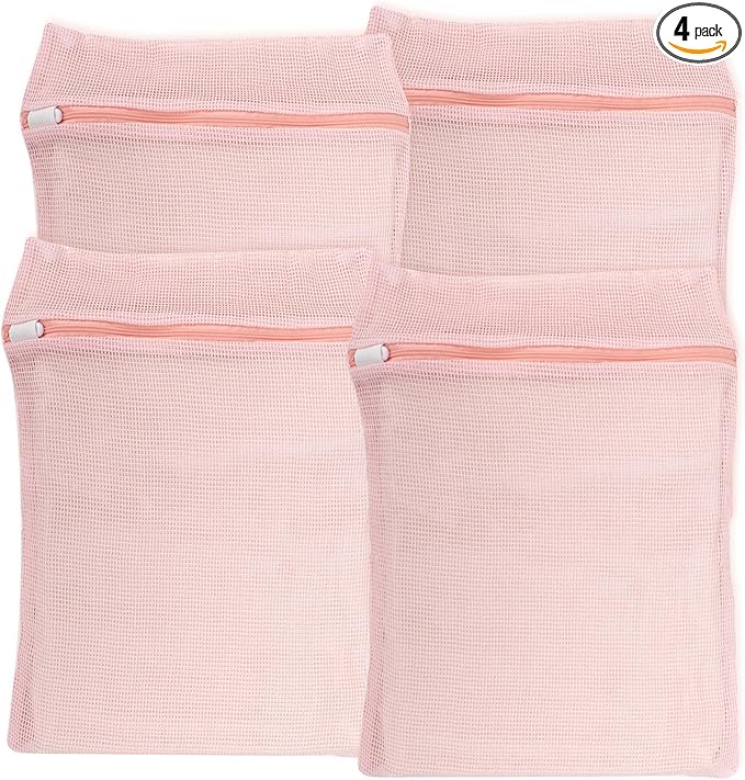 4-Piece Pink Medium Durable Organic Cotton Mesh Laundry Bags with Sturdy Zippers and Breathable Mesh are Delicate Laundry Bags for Underwear, Clothes, Pants and Socks-CubbioJoy