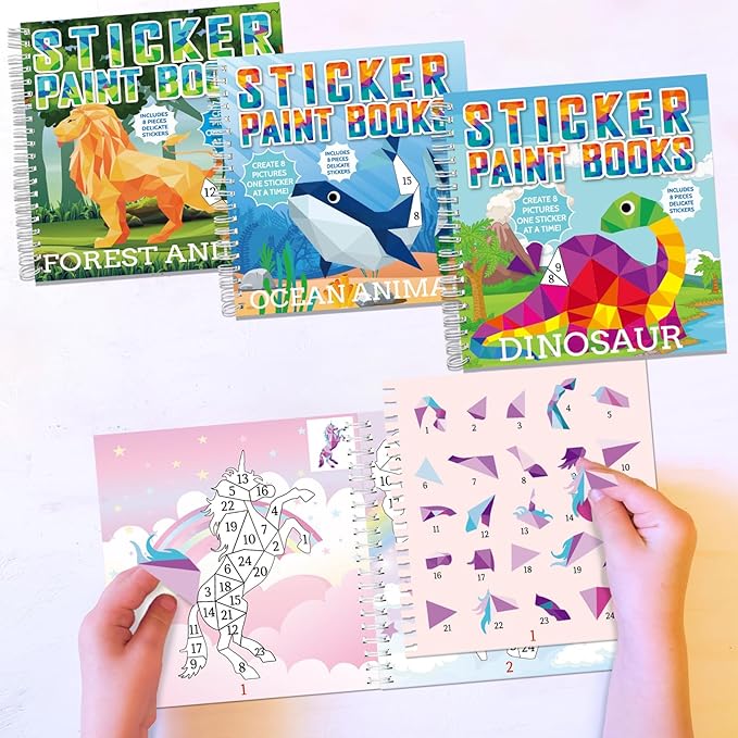 4 Pcs Paint by Sticker Books for Kids Ages 4-8 Sticker by Number Books Activity Book for Kids Ages 3-5 Sticker Puzzle Book Craft Art Toddler Girls Gift with Dinosaur Unicorn Ocean Animal 32 Pictures-CubbioJoy