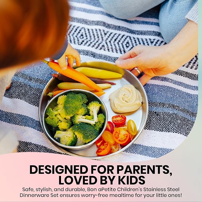 Children's 304 18/8 Stainless Steel Dinnerware Set | 1 Plate (21 cm) and 1 Bowl (10 ounces) | Matte Finish | 100% BPA Free | Non-Toxic | Dishwasher Safe-CubbioJoy