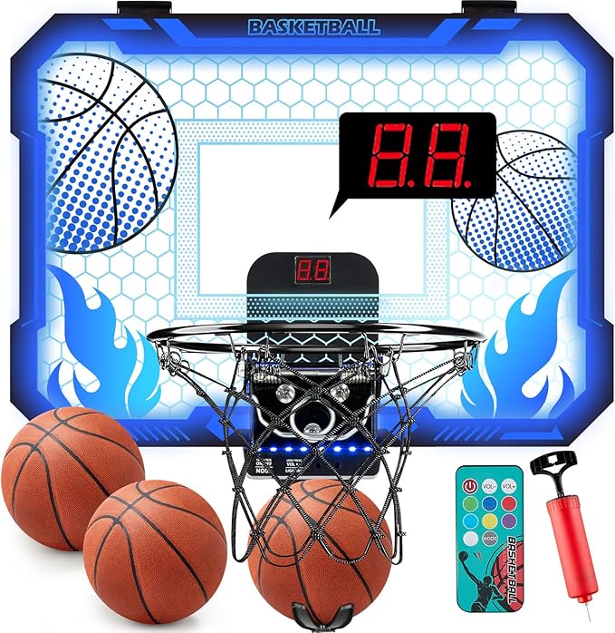 Indoor Basketball Hoop for Kids with Led Lights Mini Basketball Hoop with Remote Control Over The Door Basketball Hoops with Scoreboard Basketball Toys for 4-12 Year Old Boys Girls-CubbioJoy
