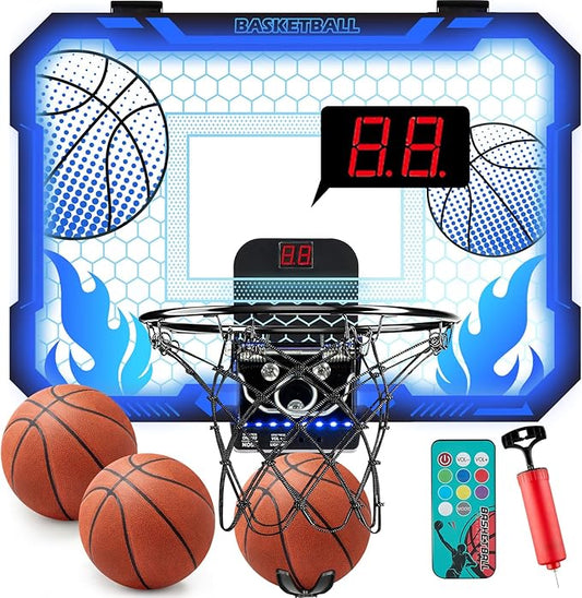 Indoor Basketball Hoop for Kids with Led Lights Mini Basketball Hoop with Remote Control Over The Door Basketball Hoops with Scoreboard Basketball Toys for 4-12 Year Old Boys Girls-CubbioJoy