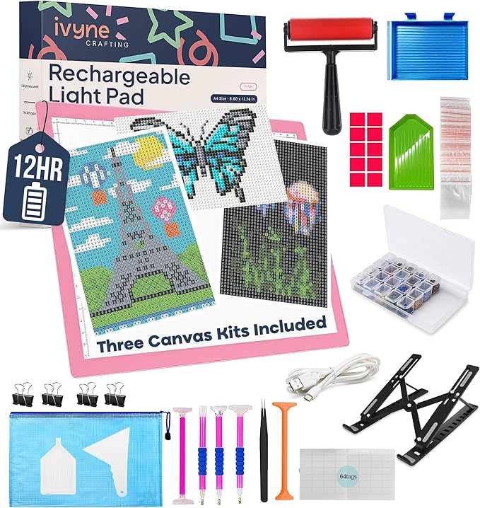 iVyne Rechargeable A4 Light Pad for Diamond Painting & Art Projects – LED Light Board with Diamond Art Accessories – Ultra-Thin & Portable Diamond Dot Light Board, Perfect for Artists - Pink-CubbioJoy