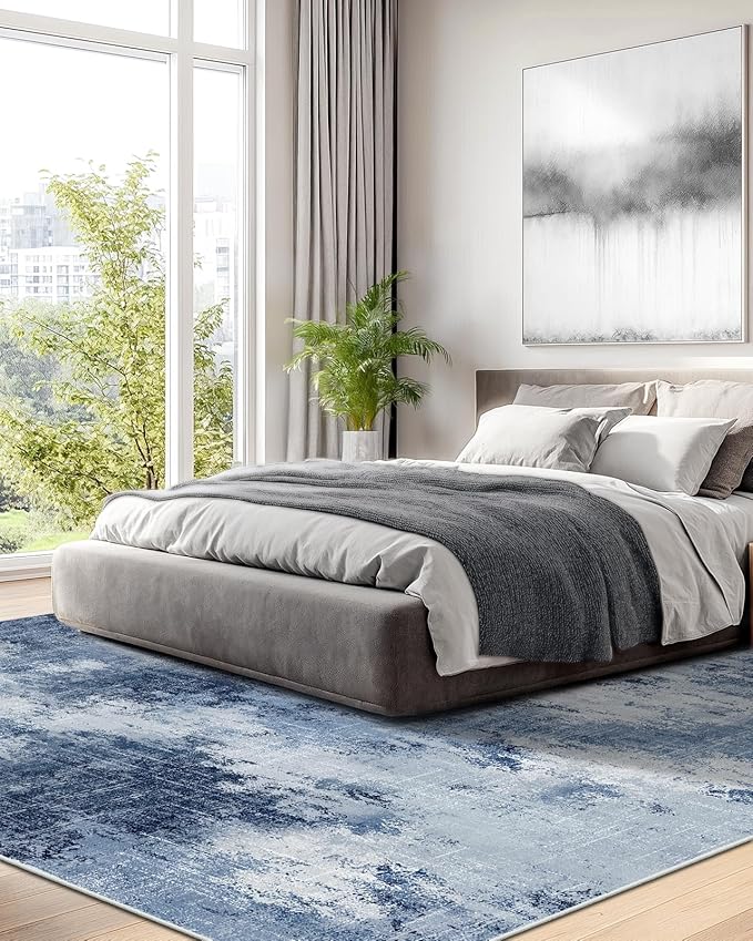 Amada 8x10 Washable Area Rug, Modern Abstract Living Room Rug with Non-Slip Backing & Short Pile, Large Rug with Abstract Pattern for Living Room, Bedroom and Dinning Room, Dark Blue-CubbioJoy