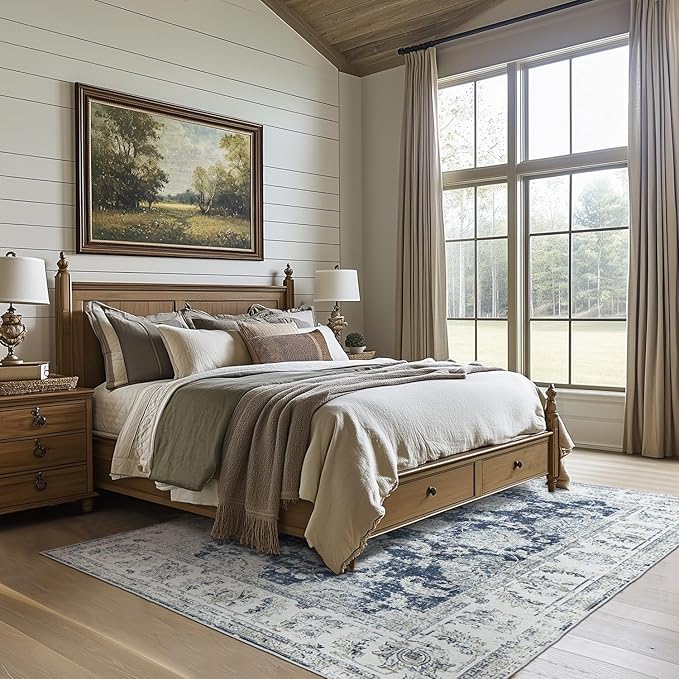 jinchan Vintage Floral 5x7 Area Rugs for Bedroom - Machine Washable Distressed Design Stain Resistant Boho Carpet Ultra-Thin Low Pile Non-Slip Rug for Living Room Dining Room Kitchen (5‘x7',Dark Blue)-CubbioJoy