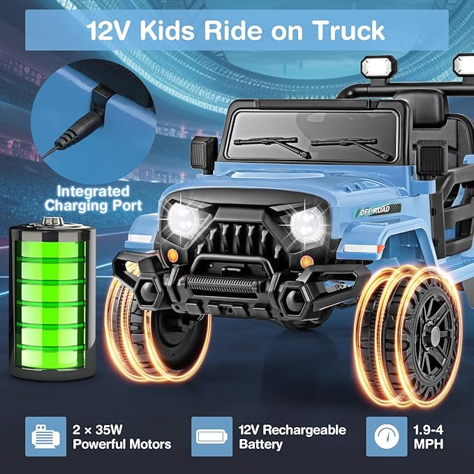 Costzon 12V Kids Ride on Truck Car, Electric Vehicle w/Remote Control, Threaded Wheels, 3 Speeds, LED Lights, Music, Horn & Wireless Connection, Battery Powered Ride on Toy for Boys & Girls 3+ (Blue)-CubbioJoy