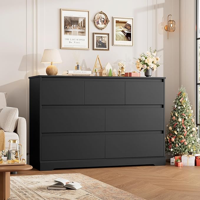 Dresser for Bedroom, Modern Black Dresser, Wood Chest of Drawers Nursery Dressers, with Storage, 7 Drawer Double with Handle Free, Large Storage Organizer for Living Room,White-CubbioJoy